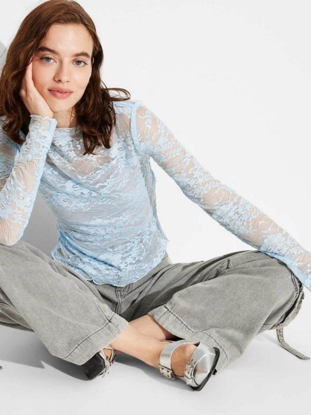 wild fable Sheer Lace Sequin Long-Sleeve Top Light Blue
